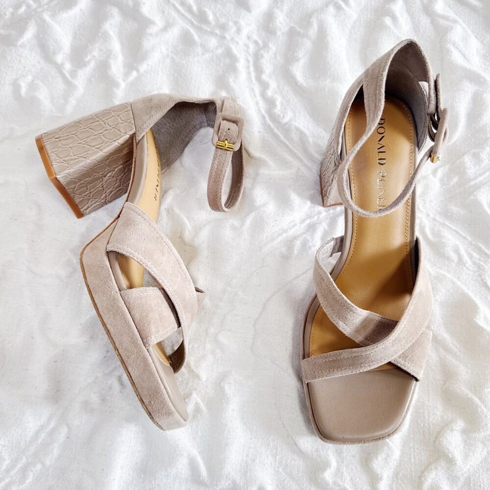 Donald J. Pliner Taupe Suede Block Heel Sandals with Gold Buckle